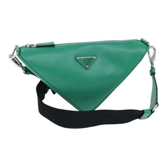 PRADA Triangle Shoulder Bag Leather Green Silver - Picture 1 of 16
